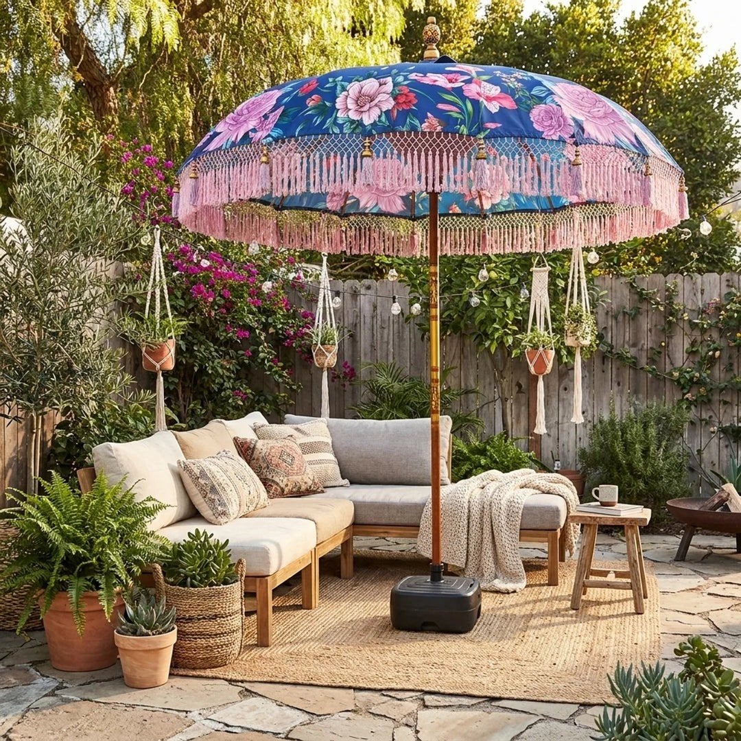 Nieuw Bali Parasol Veelkleurig Bloemen
Blauw Roze Franjes, Ophalen, Nieuw, 1 tot 2 meter, Stokparasol