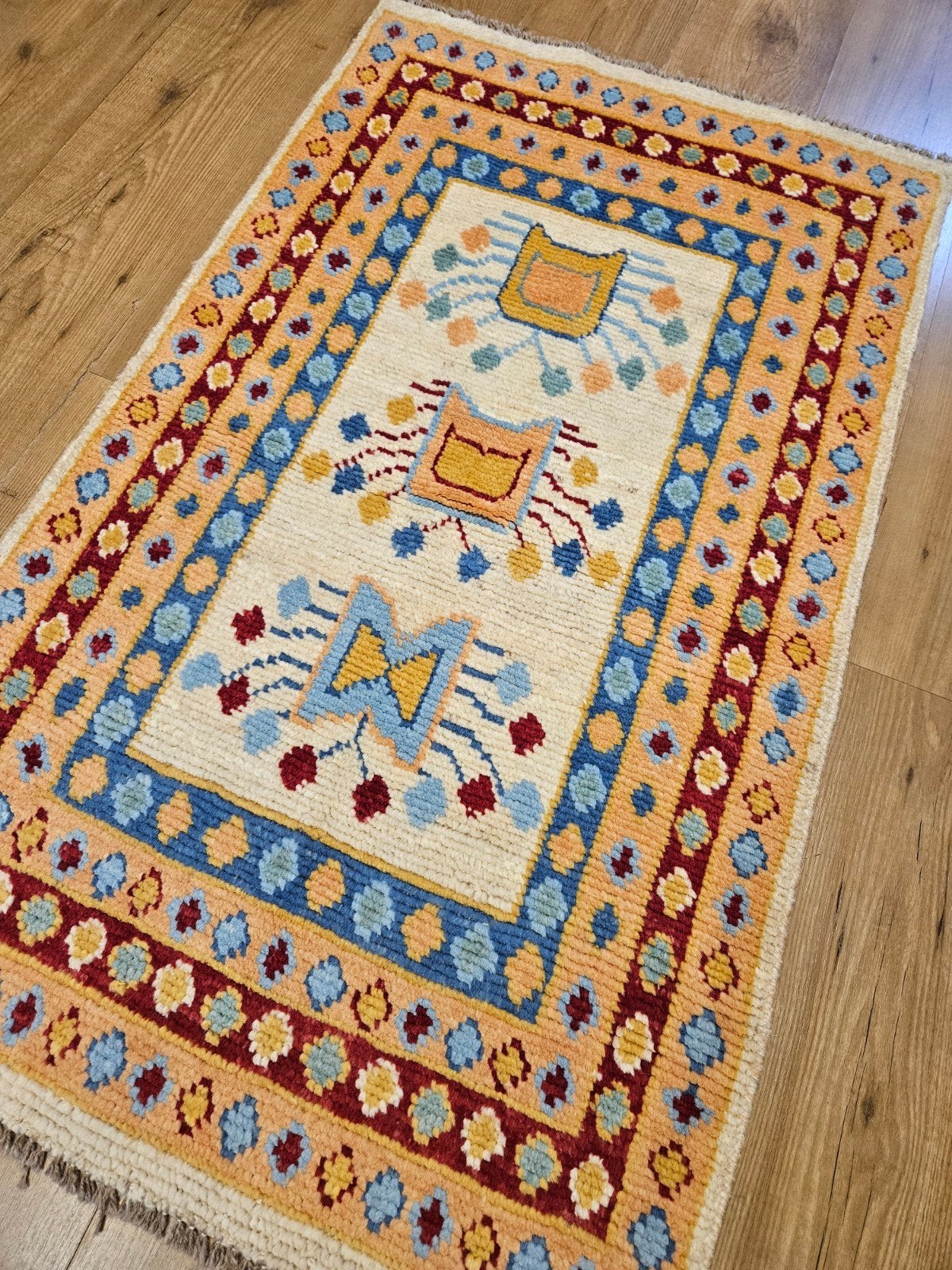 Handgeknoopt oosters tapijt modern design 124x74, Info@SlatsAntiek.nl, Blauw, 100 tot 150 cm, Perzisch