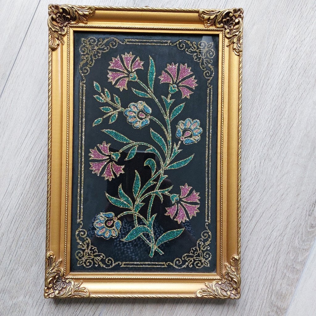 Decoratief schilderij met bloemen in gouden lijst, Wandhanger, Hout, Meerkleurig, Ophalen of Verzenden