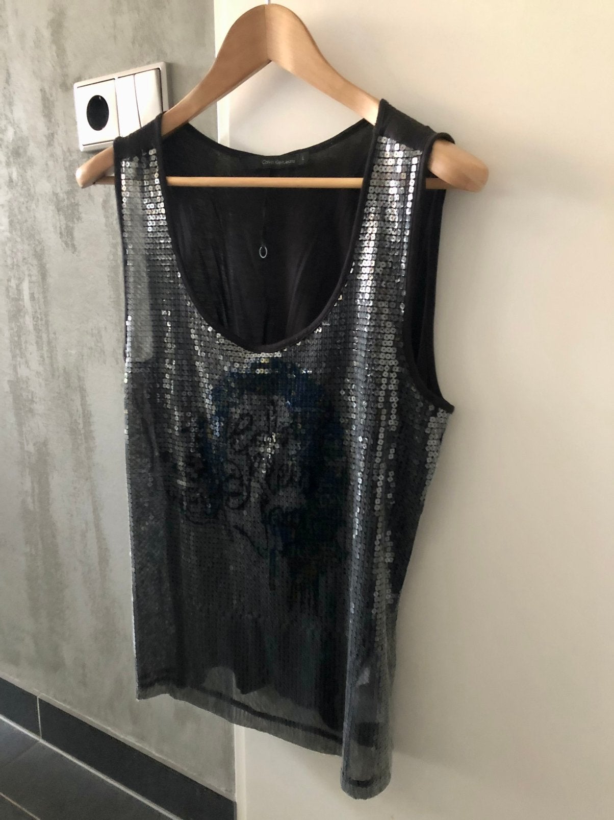 Calvin Klein Jeans top met pailletten sequins maat L, Kleding | Dames, Tops, Zwart, Maat 42/44 (L), Nieuw, Ophalen of Verzenden