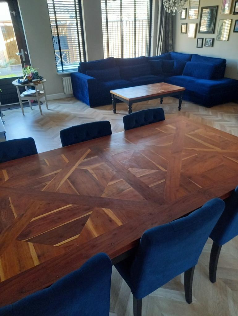 Bank houtmozaik salontafel eettafel + 6 stoelen koningsblauw, Ophalen, Stof