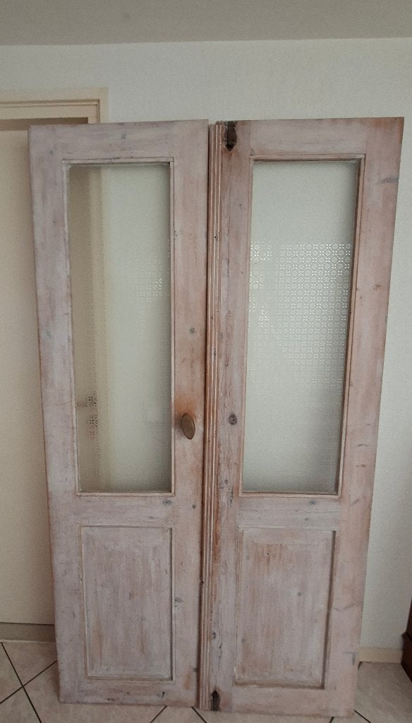 Mooie houten klapdeuren met sierglas, Doe-het-zelf en Verbouw, Binnendeur, Minder dan 200 cm, Zo goed als nieuw, Glas