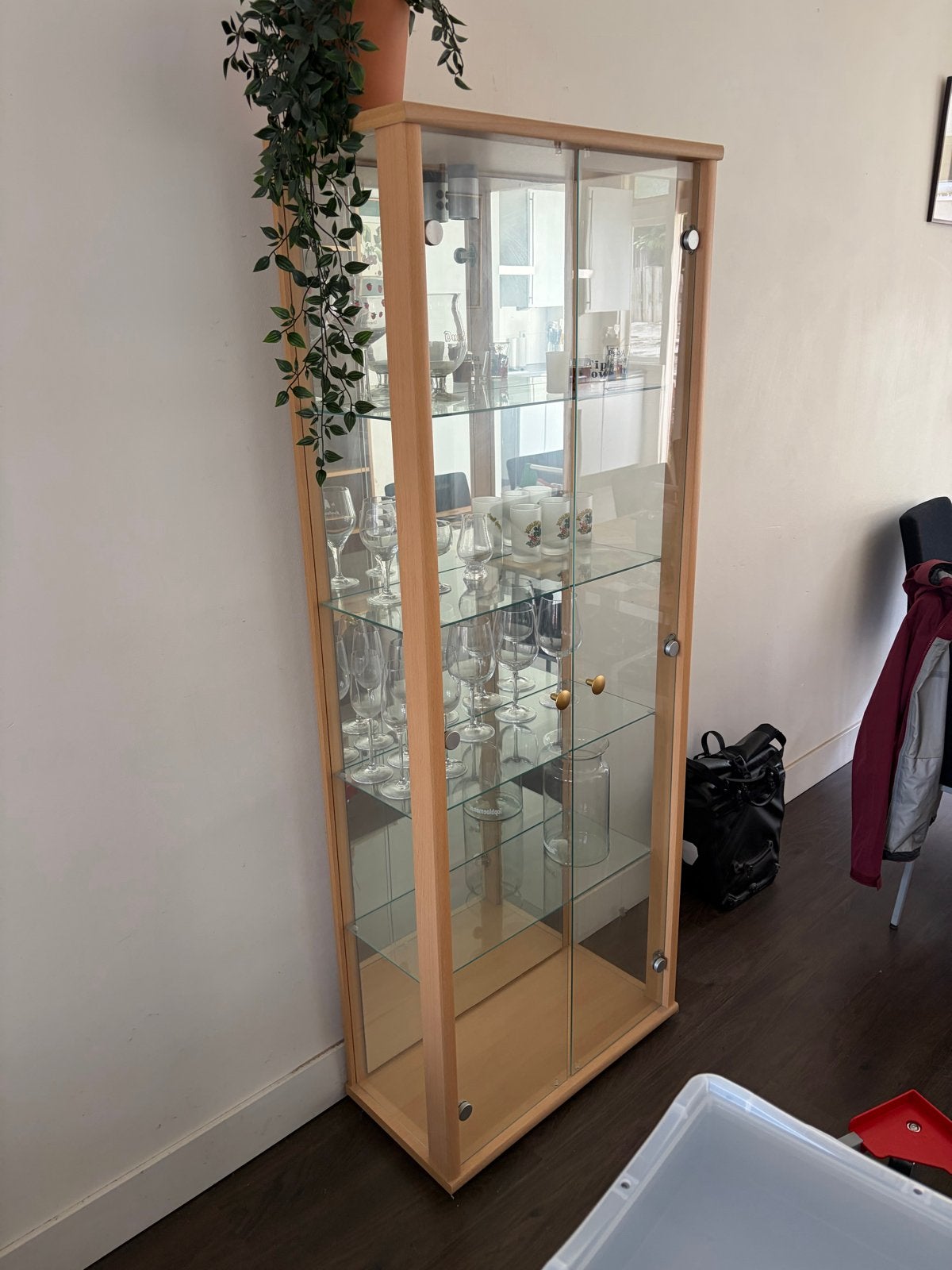 Glazen vitrinekast met houten frame, Ophalen, Gebruikt, 50 tot 100 cm, Glas