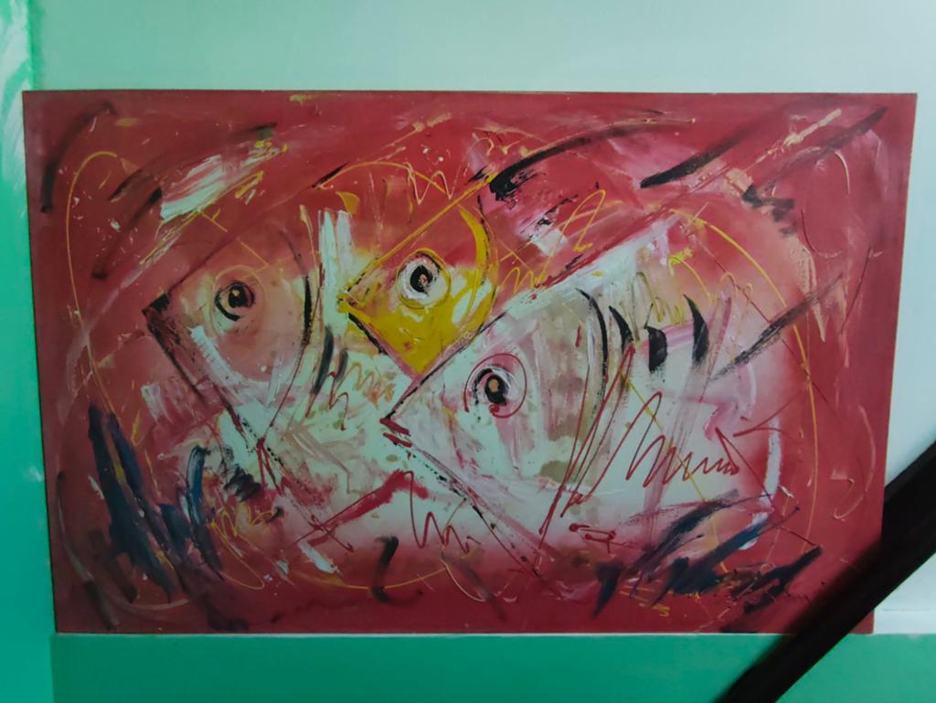Abstract schilderij vissen rood geel wit, Antiek en Kunst, Kunst | Schilderijen | Abstract, Ophalen
