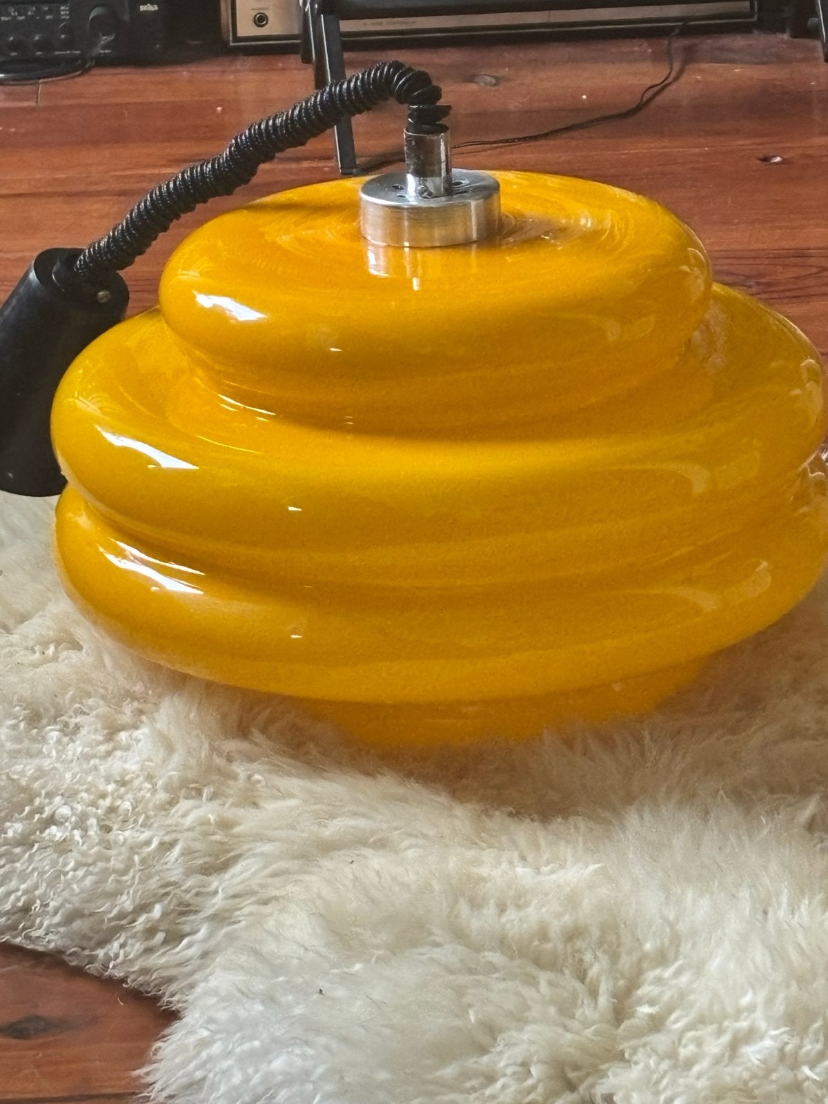 Vintage Gele UFO Hanglamp - Jaren '70 Design, Huis en Inrichting, Lampen | Hanglampen, Ophalen of Verzenden, Gebruikt, Glas, E27 (groot)