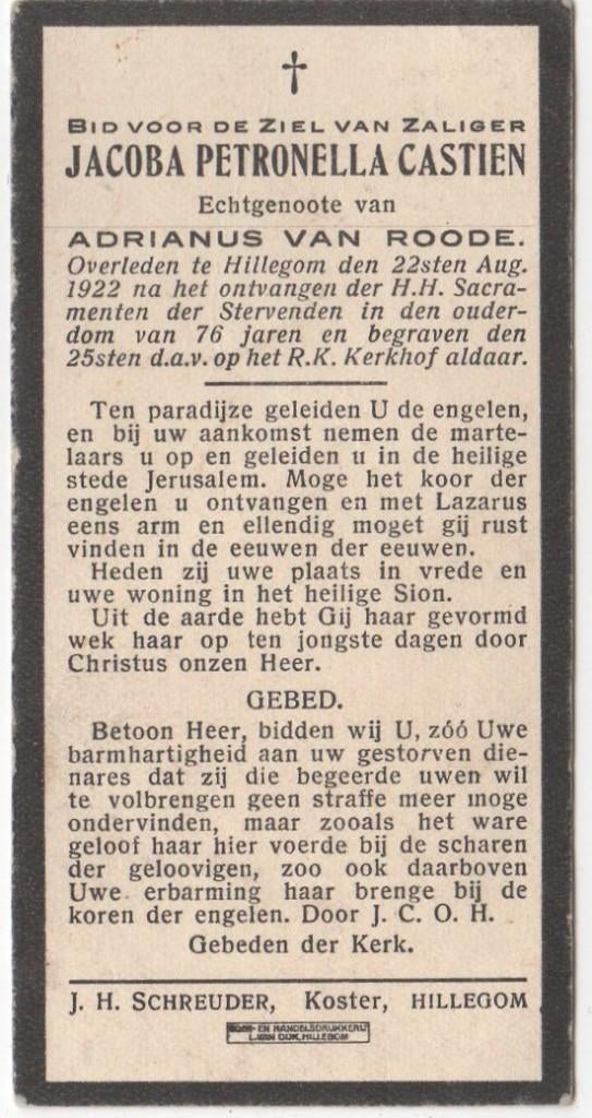 Jacoba P. Castien 1846 Bloemendaal + 1922 Hillegom, 76 jr, Verzenden