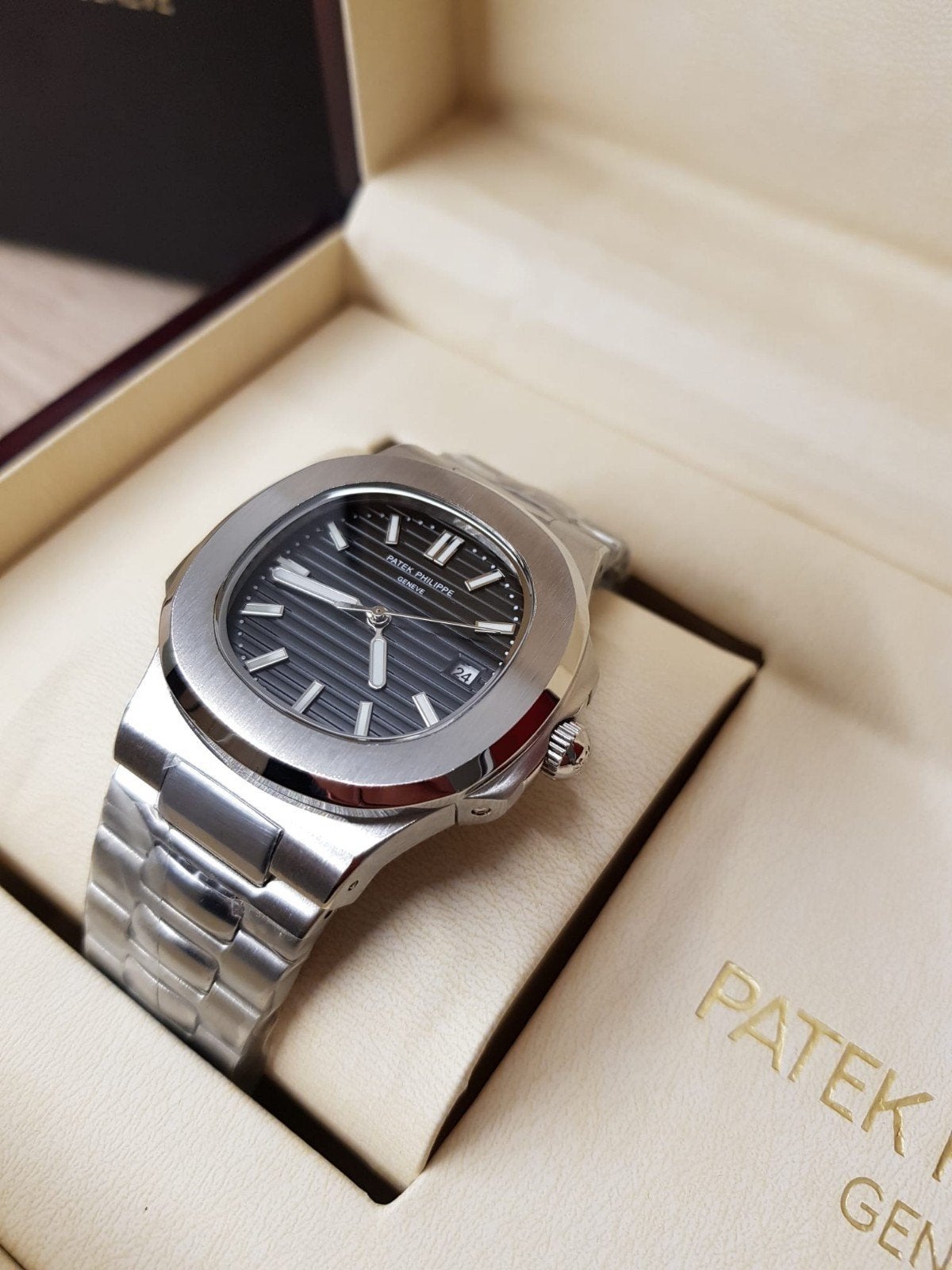 PATEK PHILIPPE ZWART HEREN HORLOGE, Sieraden, Tassen en Uiterlijk, Horloges | Heren, Ophalen, Staal, Staal, Polshorloge