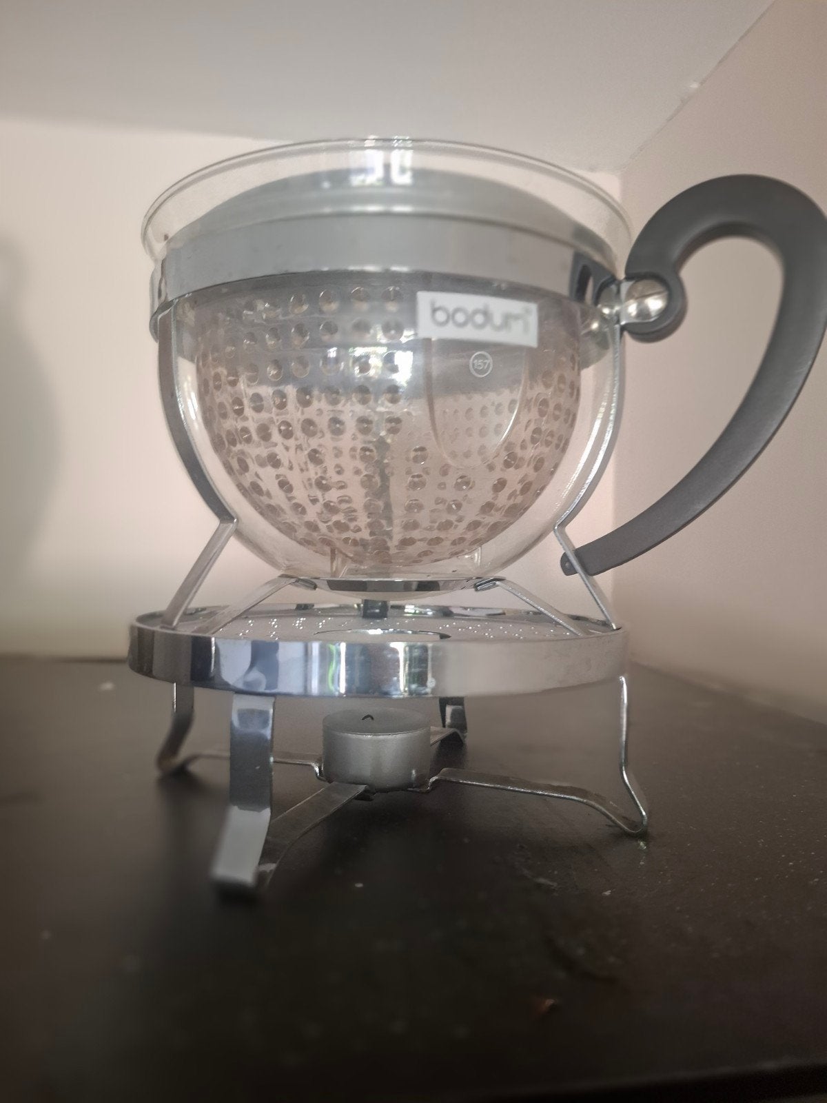 Bodum glazen theepot met theelicht houder, Huis en Inrichting, Theepot/fluitketel, Zilver, Bodum, Ophalen of Verzenden
