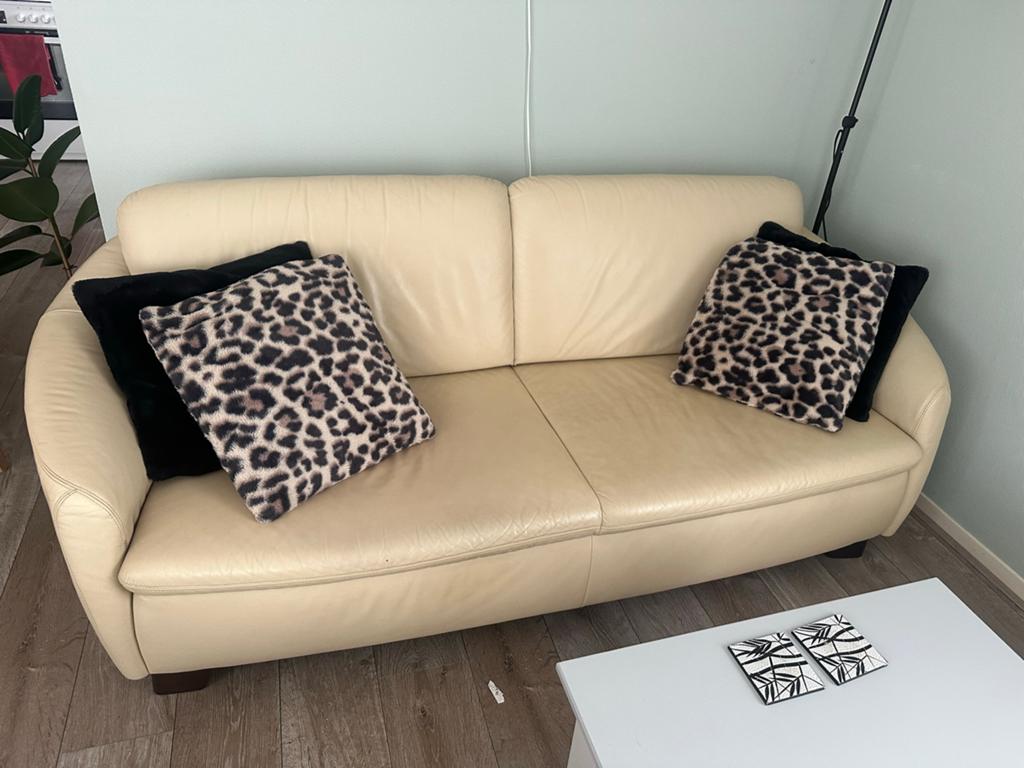 Set bank leer ecru, Huis en Inrichting, Banken | Bankstellen, Gebruikt, 150 tot 200 cm, Ophalen of Verzenden, Rechte bank