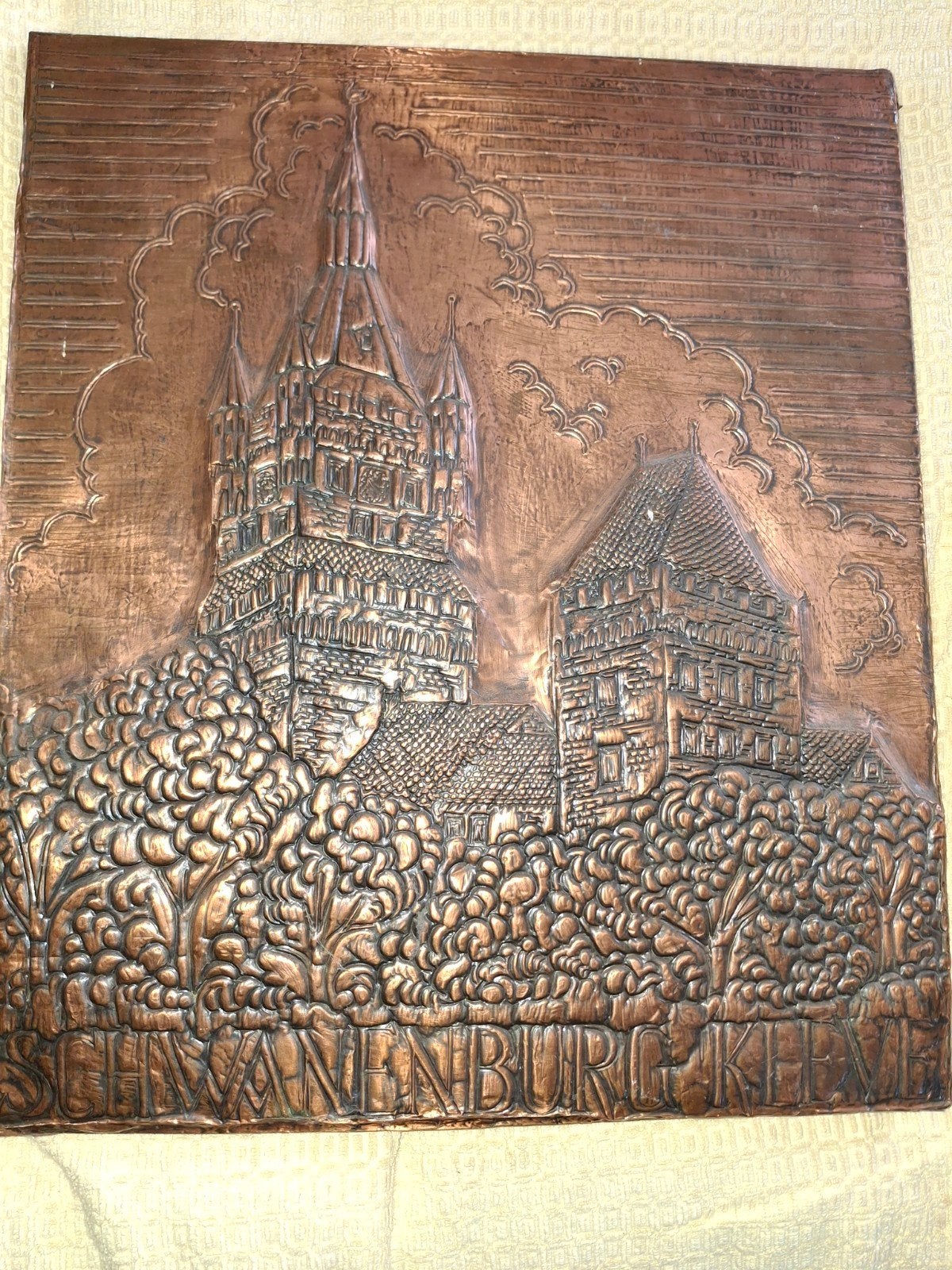 Koperen Reliëf Plaat Schwanenburg Kleve, Antiek en Kunst, Ophalen, Koper