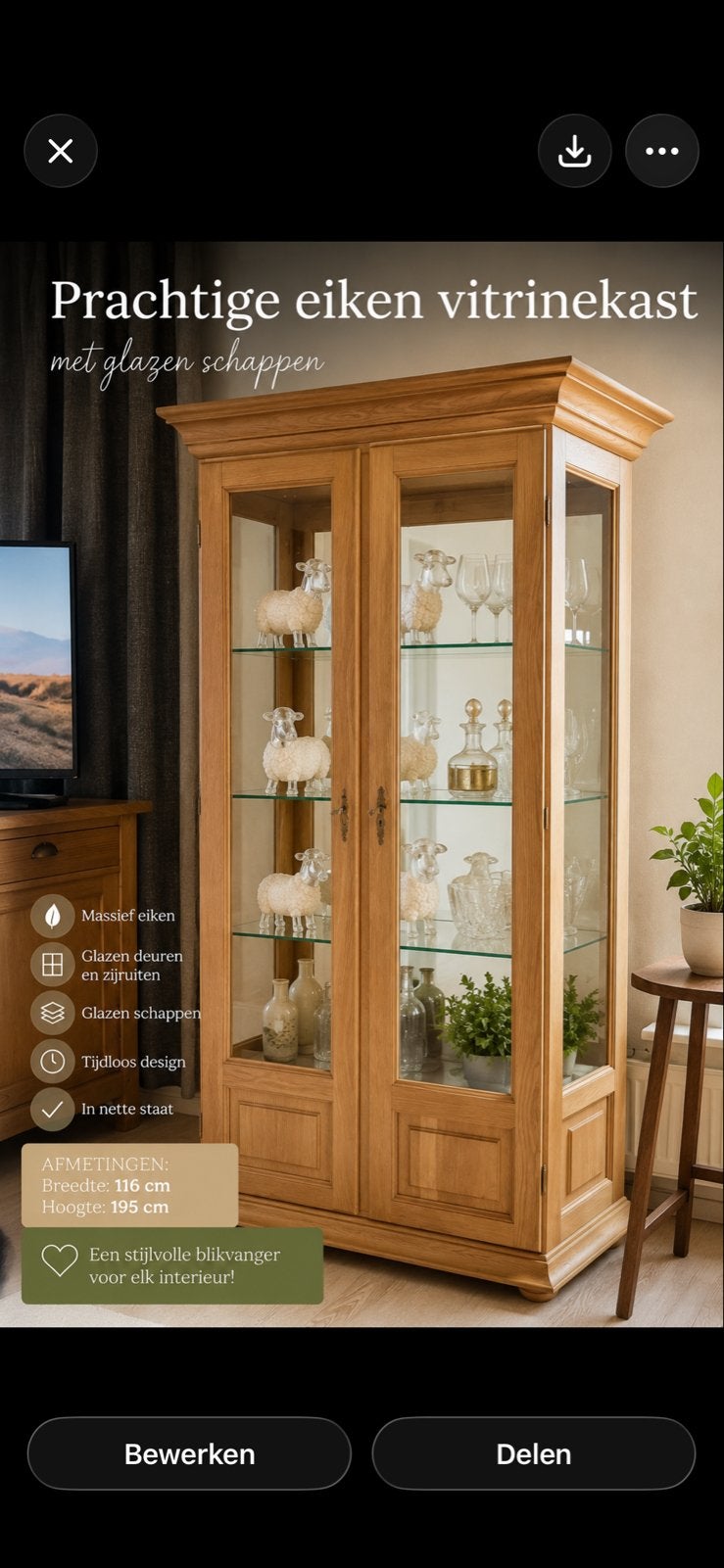 Prachtige eiken vitrinekast met glazen schappen, Huis en Inrichting, Kasten | Vitrinekasten, Gebruikt, 150 tot 200 cm, 100 tot 150 cm