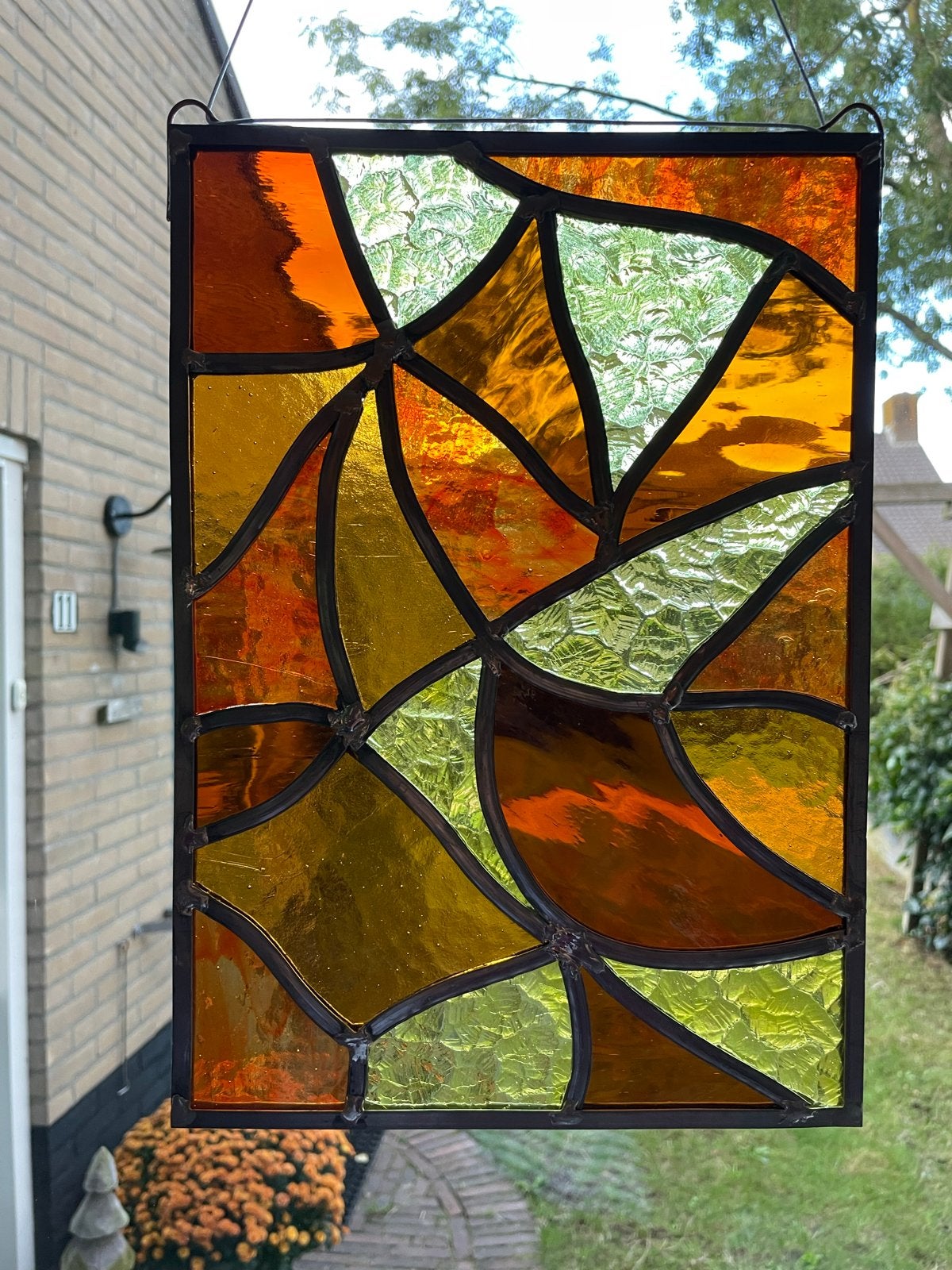 Glas-in-lood raamhanger: Geel, Oker, Oranje Tinten, Ophalen