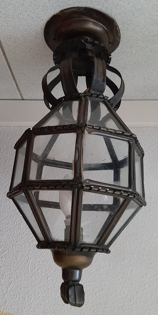 Zeer oude plafondlamp, bronskleur met glas, Ophalen