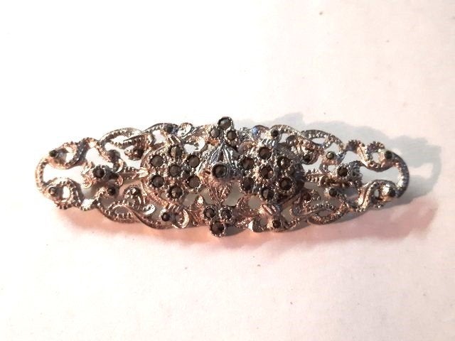 Schitterende zilveren navette broche (835) met Markasieten, Minder dan 4 cm, Ophalen of Verzenden, Zo goed als nieuw, Zilver