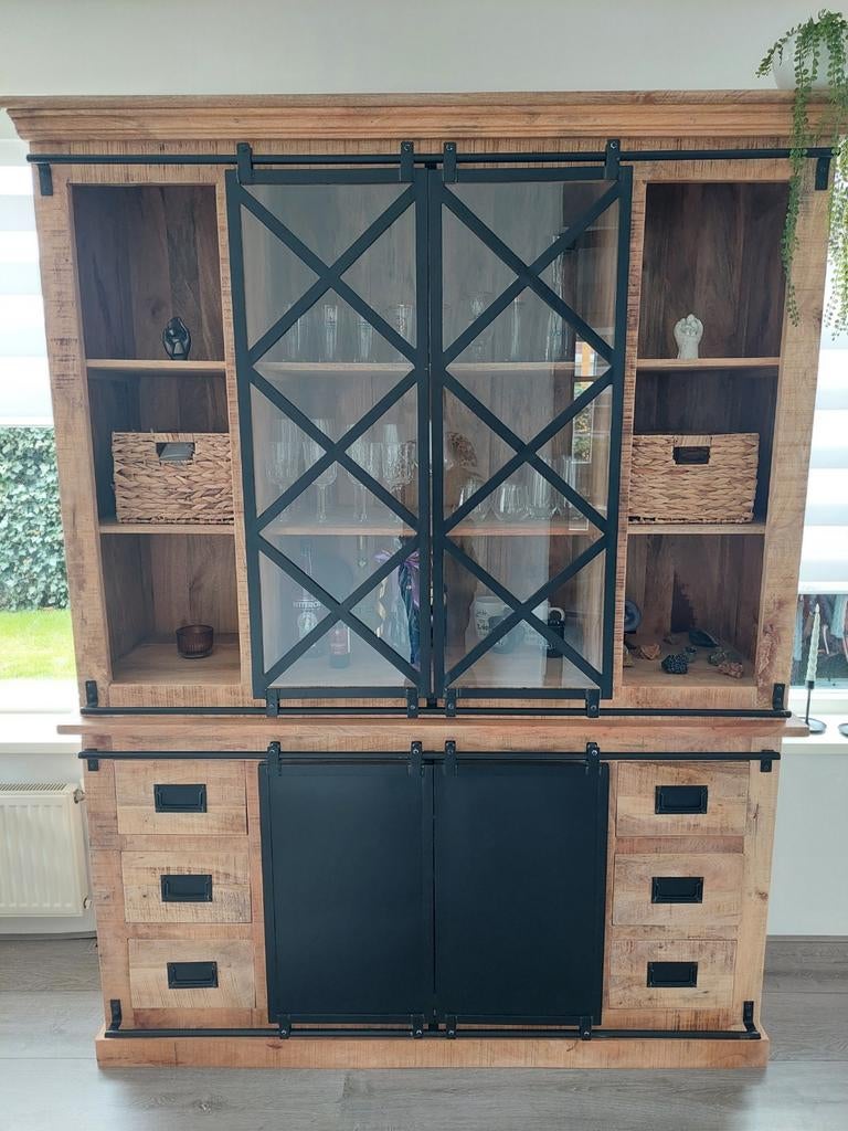 Mango houten buffetkast met Schuifdeuren - Industrieel, Ophalen, Glas, 200 cm of meer, 150 tot 200 cm