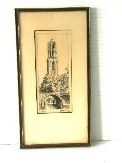 Roodenburg Ets, Ophalen of Verzenden, Stadsgezicht, Ets, Ingelijst