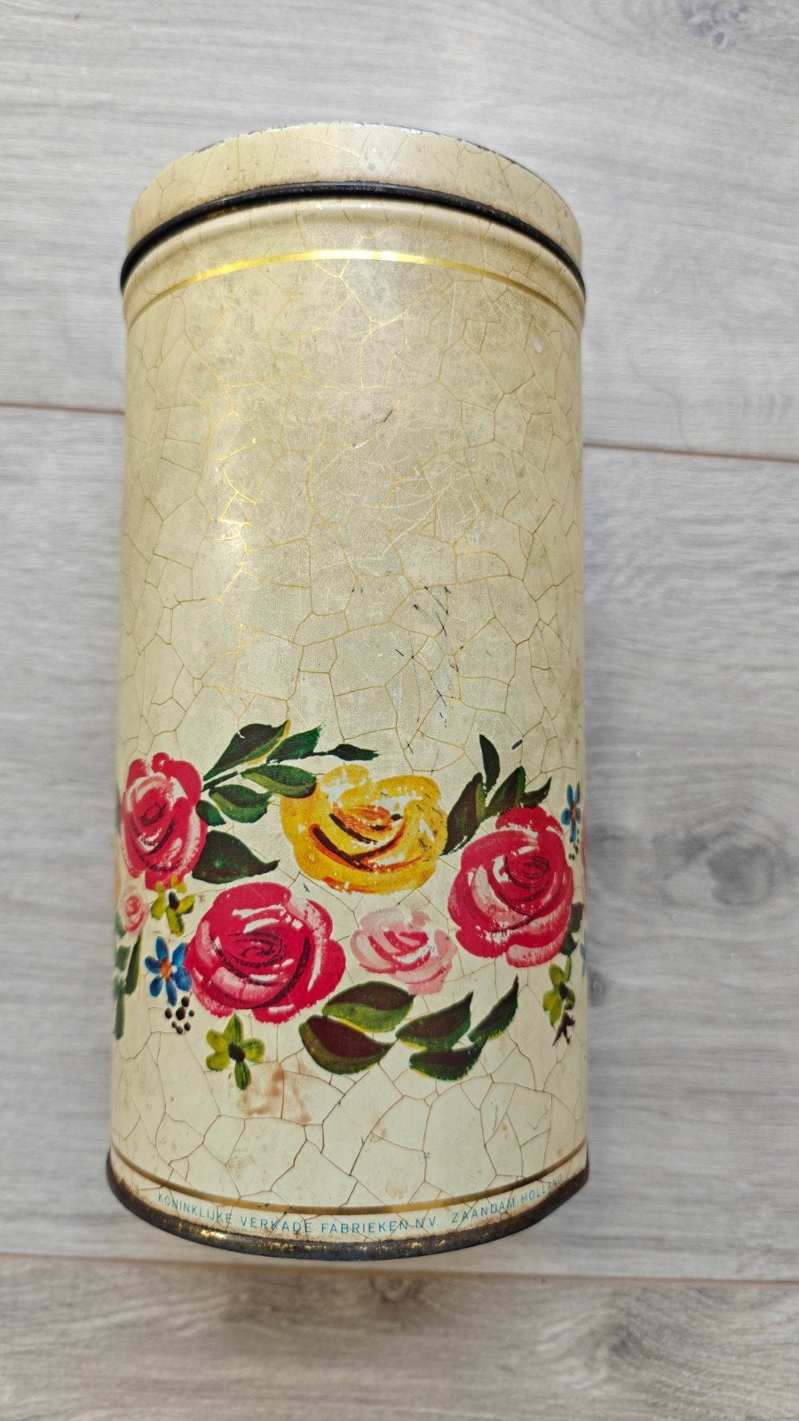 Vintage Verkade blik met bloemmotief, Ophalen of Verzenden