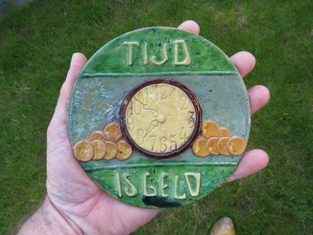 Vlaams Art Nouveau Wandbordje met klok ca. 1920 Tijd is Geld, Ophalen of Verzenden