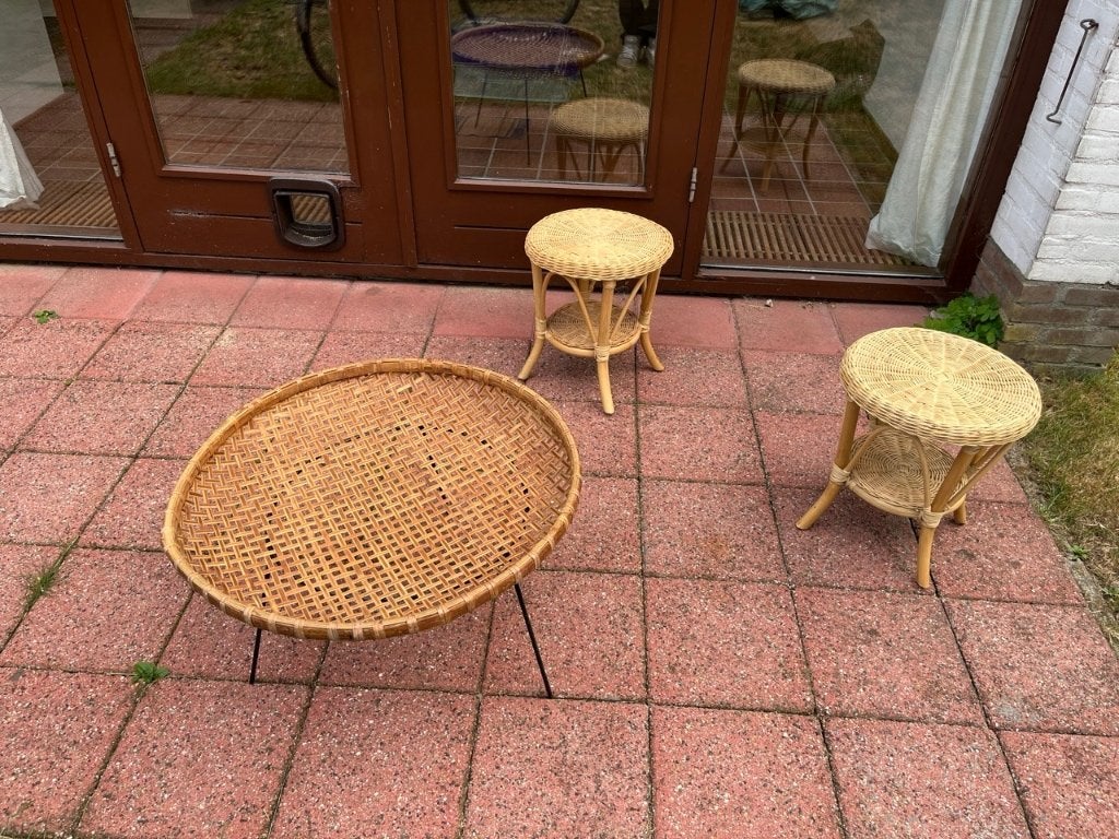 Rotan bijzettafels en salontafel set, Ophalen, Gebruikt, Rond, 75 cm of meer