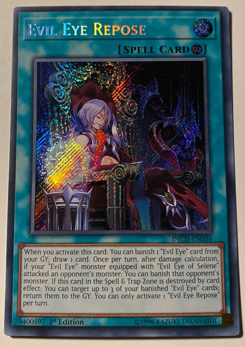 Yu-Gi-Oh! Evil Eye Repose INCH 1st Edition !, Ophalen of Verzenden, Zo goed als nieuw, Losse kaart, Foil