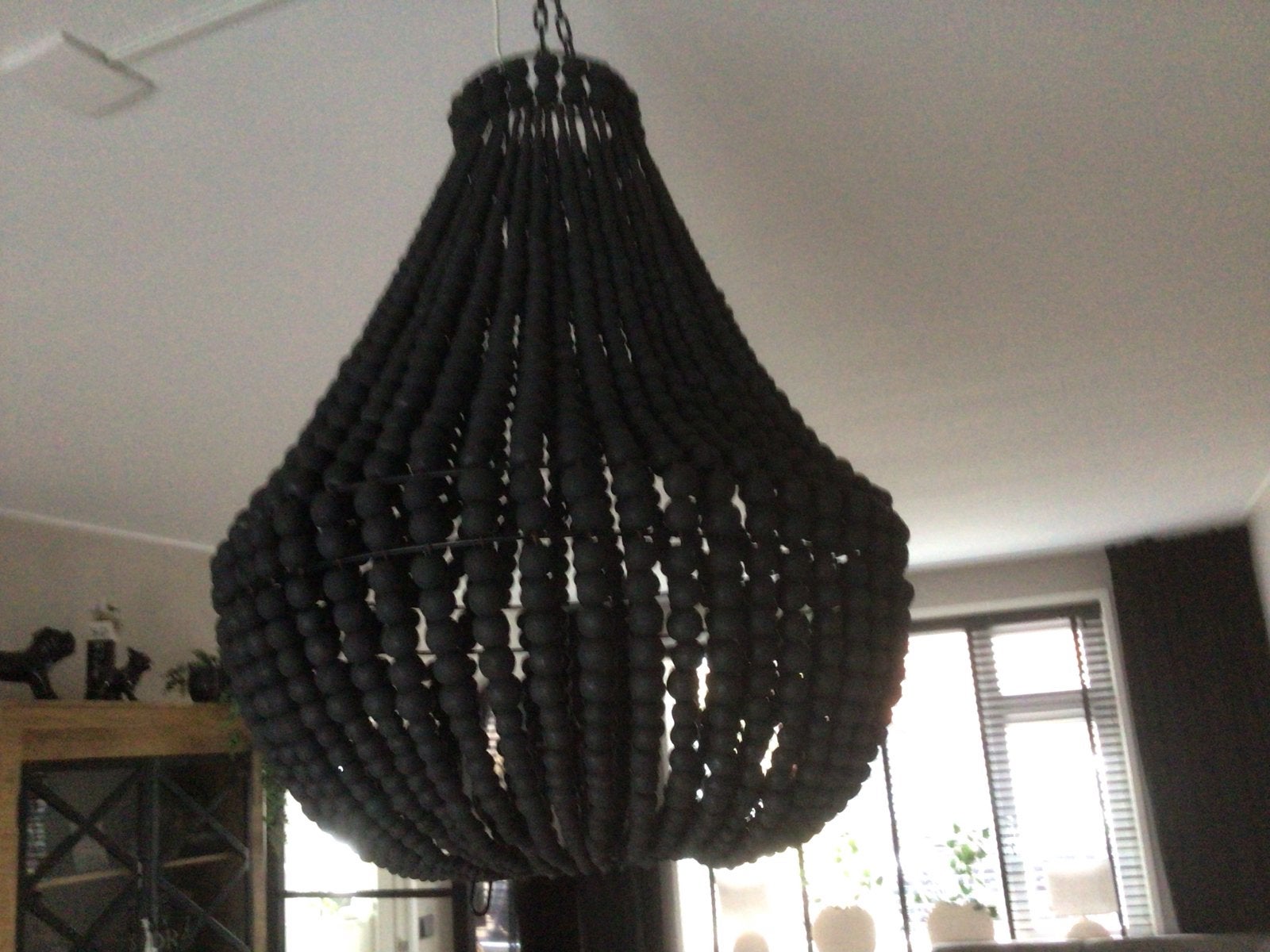 Kralen kroonluchter - Zwarte houten kralen lamp, Huis en Inrichting, Ophalen of Verzenden, Gebruikt, Hout