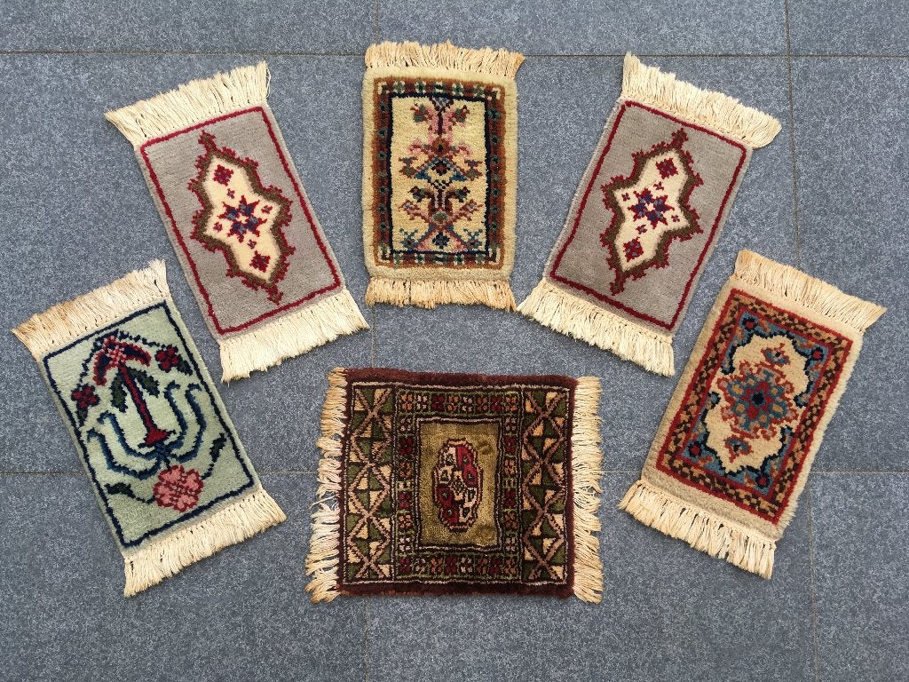 Set van 4 vintage mini Perzische tapijtjes (leuke decoratie), Huis en Inrichting, Minder dan 50 cm, Gebruikt, Minder dan 50 cm