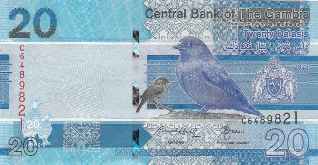 Gambia bankbiljet 20 Dalasis 2023 Birds and Arms UNC, Ophalen of Verzenden, Overige landen, Los biljet