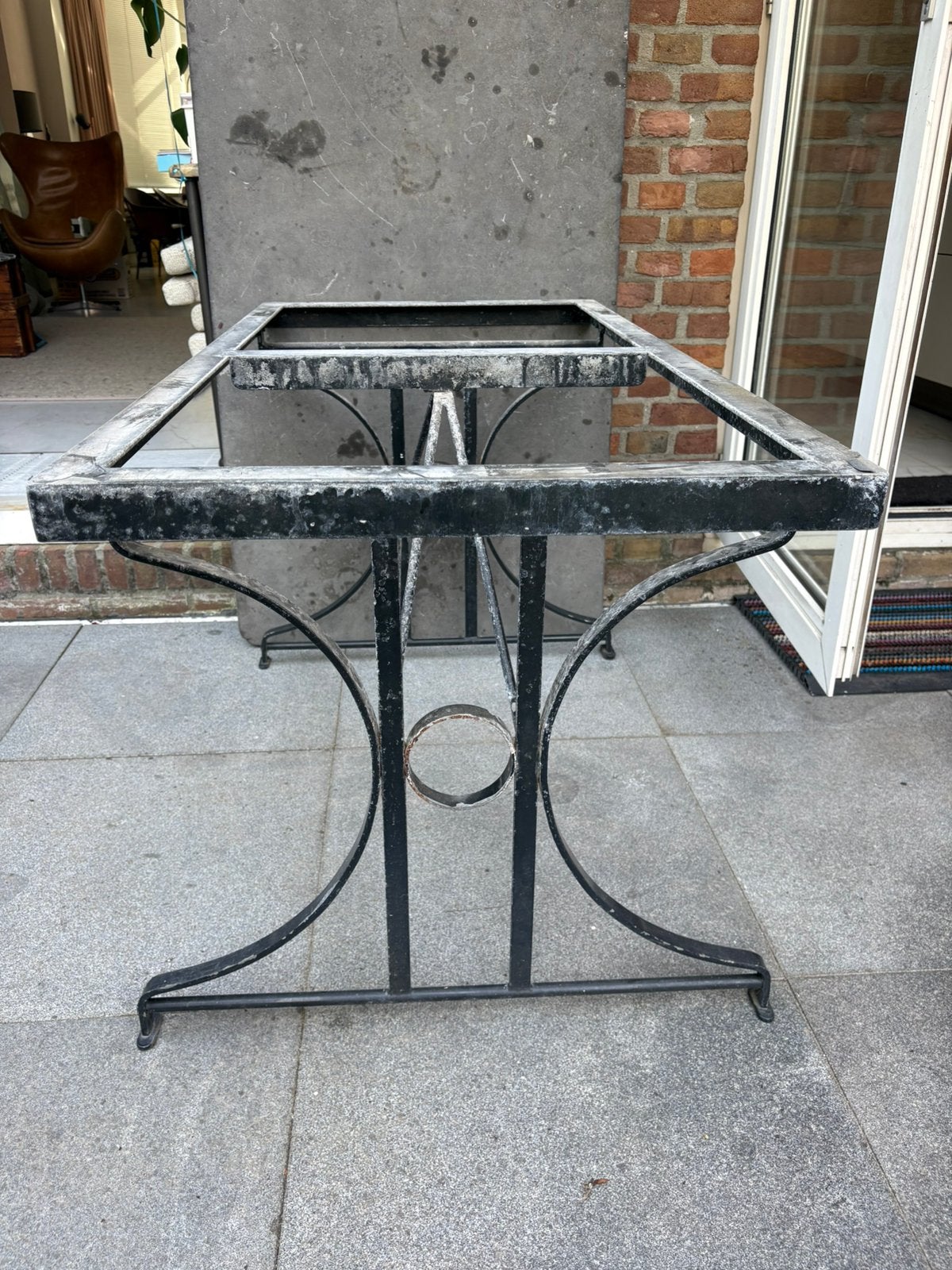 Tuintafel: ijzeren onderstel en leisteen blad, Tuin en Terras, Tuintafels, Ophalen, Gebruikt, Rechthoekig, Overige materialen