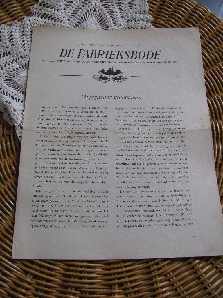 Gist & Spiritus fabriek Delft * Fabrieksbode * 03.02.1962, Ophalen of Verzenden, Gelezen