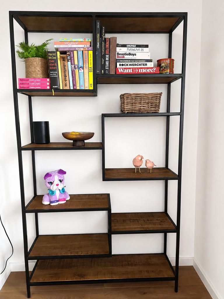 Industriële Boekenkast Mango Hout en Staal - 120x35x210 cm, Ophalen, Met plank(en), Gebruikt, 100 tot 150 cm