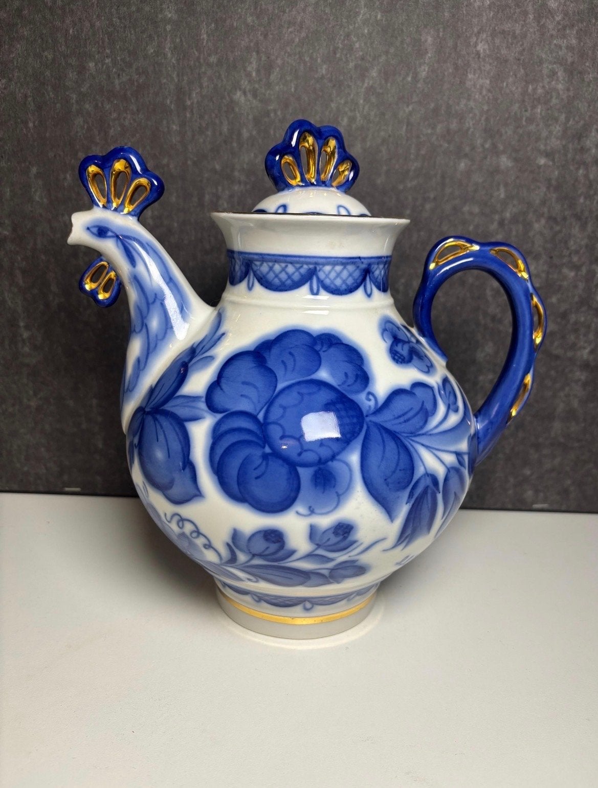 Vintage Russische Gzhel Theepot "Haan" (LOZ Porselein, USSR), Ophalen of Verzenden