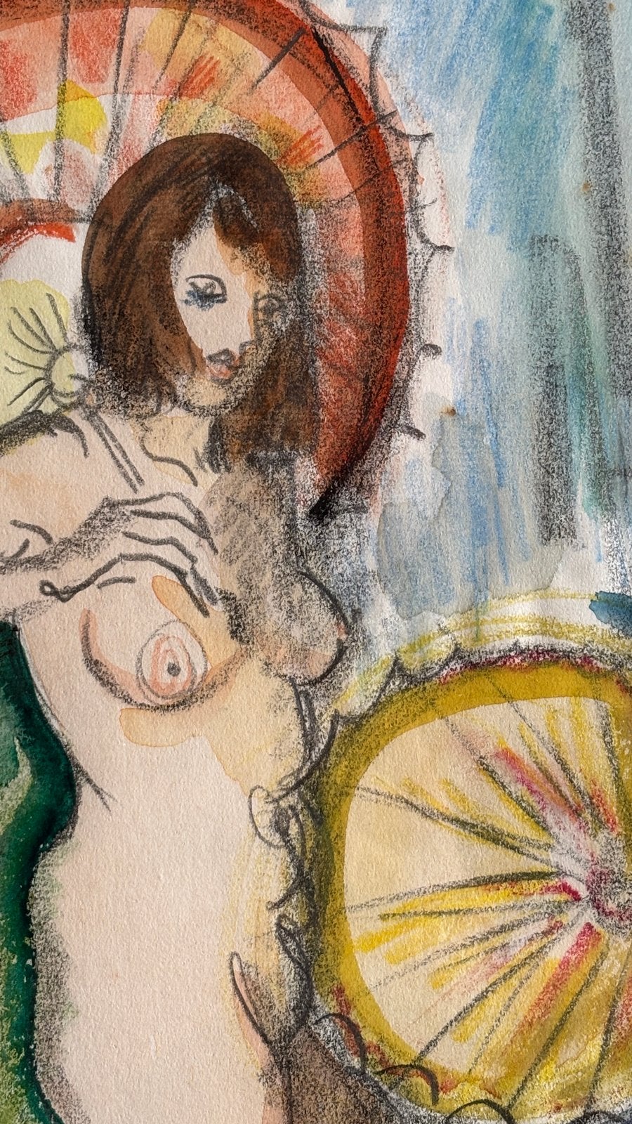 Freek van de Berg - Naakt met parasols (aquarel en potlood), Ophalen, Tekening, Gemengde techniek, Ingelijst