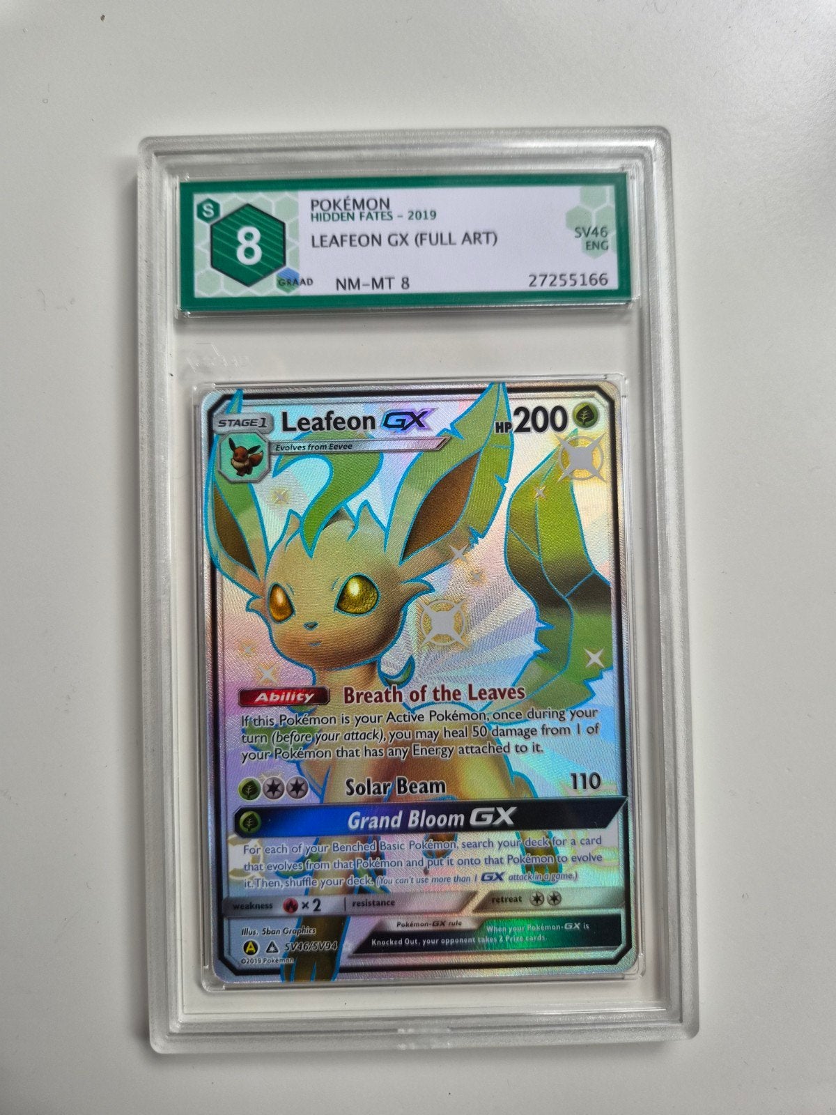 Leafeon GX Pokemon SV46 Hidden Fates Full Art, Ophalen of Verzenden, Zo goed als nieuw, Booster, Foil