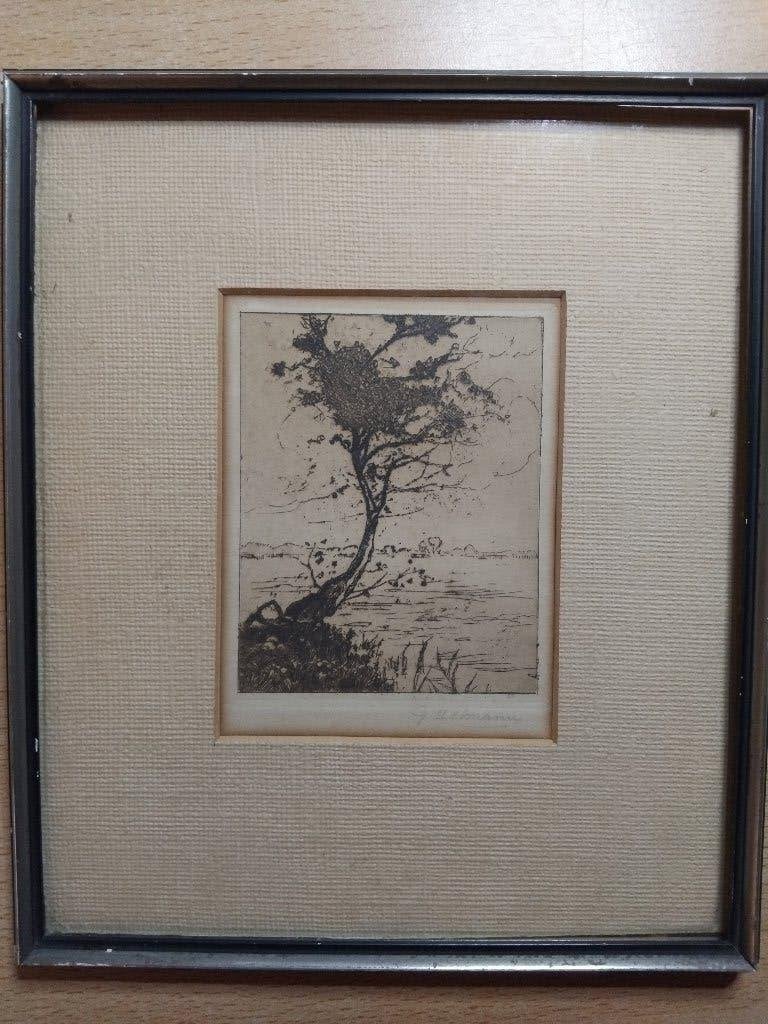 Originele ets Gerrit Jan Lindemann, Gesigneerd, Ets, Ophalen of Verzenden, Landschap