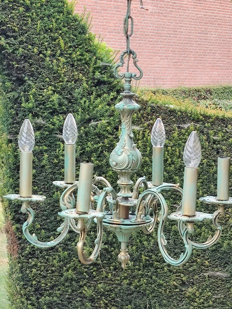 Antieke bronzen kroonluchter/smeedijzer lamp /glazen bollamp, Ophalen, Gebruikt, Retro/Brocante/Klassiek, E14 (klein)
