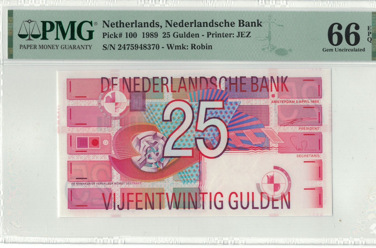 Nederland 25 Gulden Roodborstje 1989 PMG 66 EPQ, Postzegels en Munten, Bankbiljetten | Nederland, 25 gulden, Ophalen of Verzenden