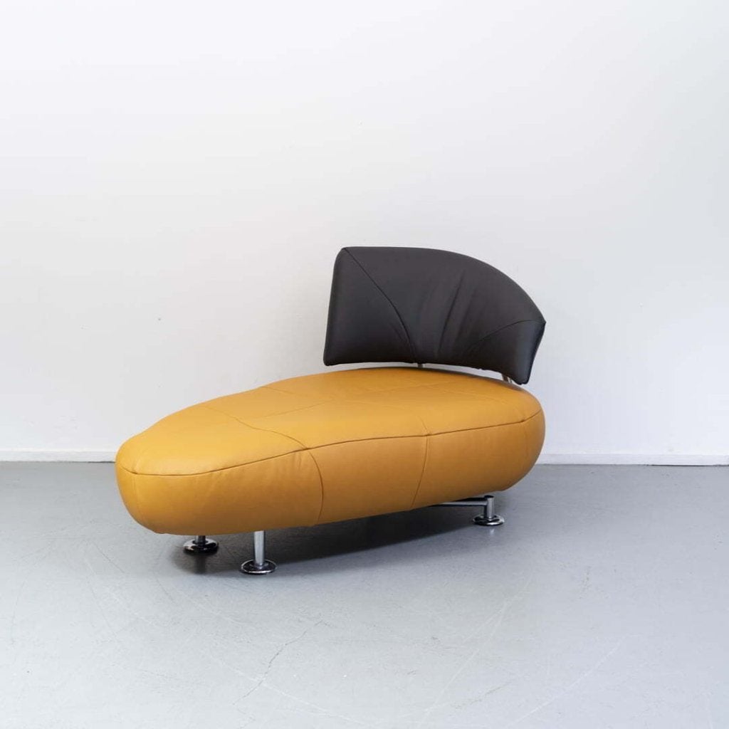 Leolux Kikko Chaise Longue Fauteuil Geel/Zwart Leer, Niet ingevuld, Zo goed als nieuw, Niet ingevuld, Niet ingevuld