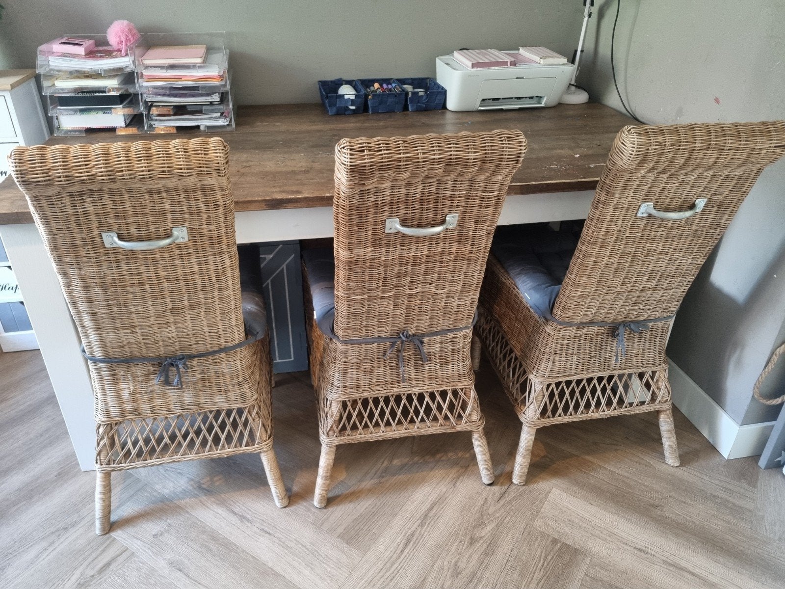 3 Riviera Maison rustic rattan eetkamerstoelen incl. kussens, Huis en Inrichting, Ophalen