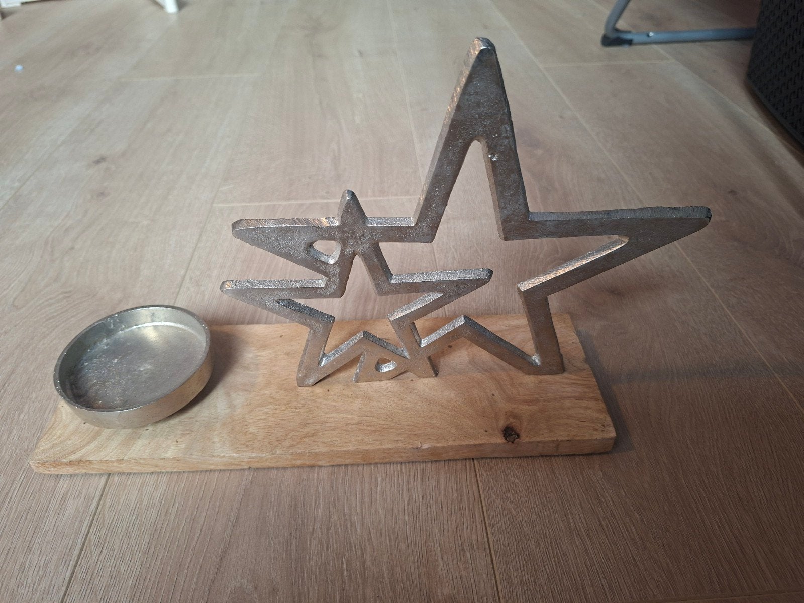 Ster kandelaar met houten voet, Gebruikt, Ophalen of Verzenden, Kandelaar, Zilver