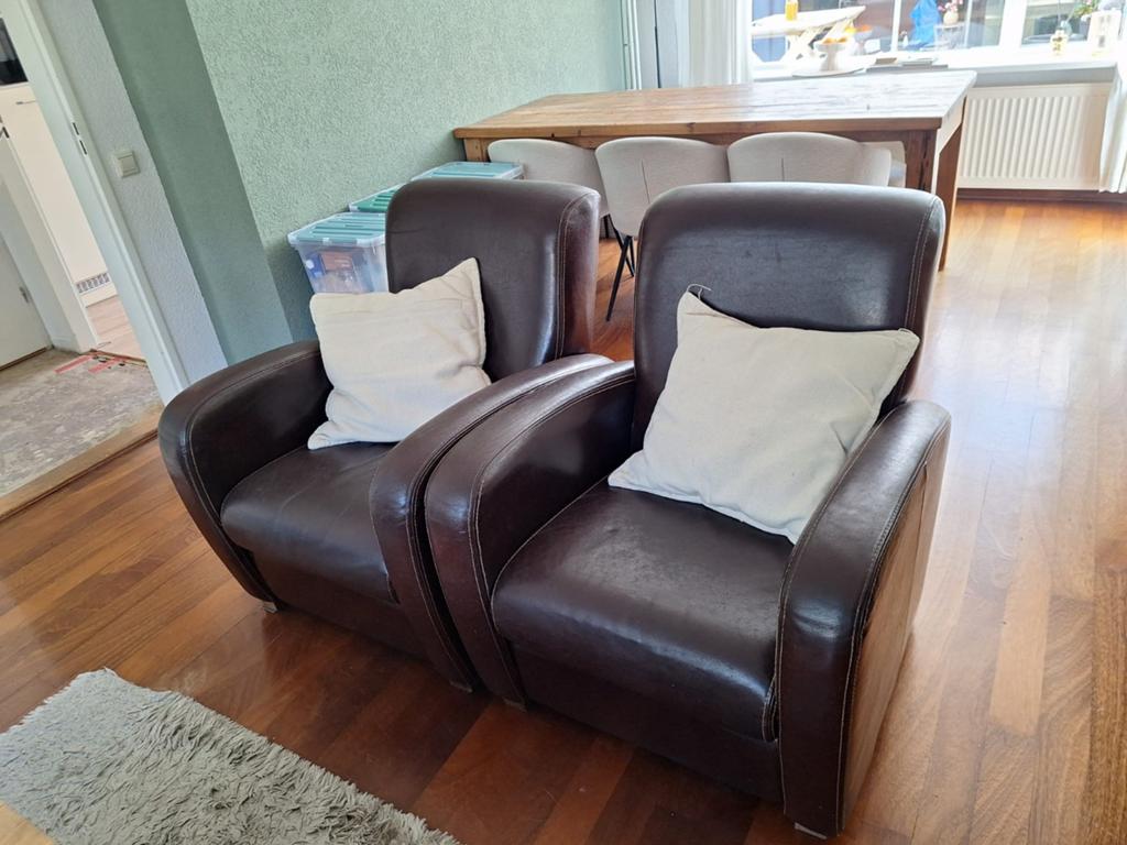 Twee comfortabele bruine leren stoelen, Ophalen, Gebruikt, Twee, Bruin