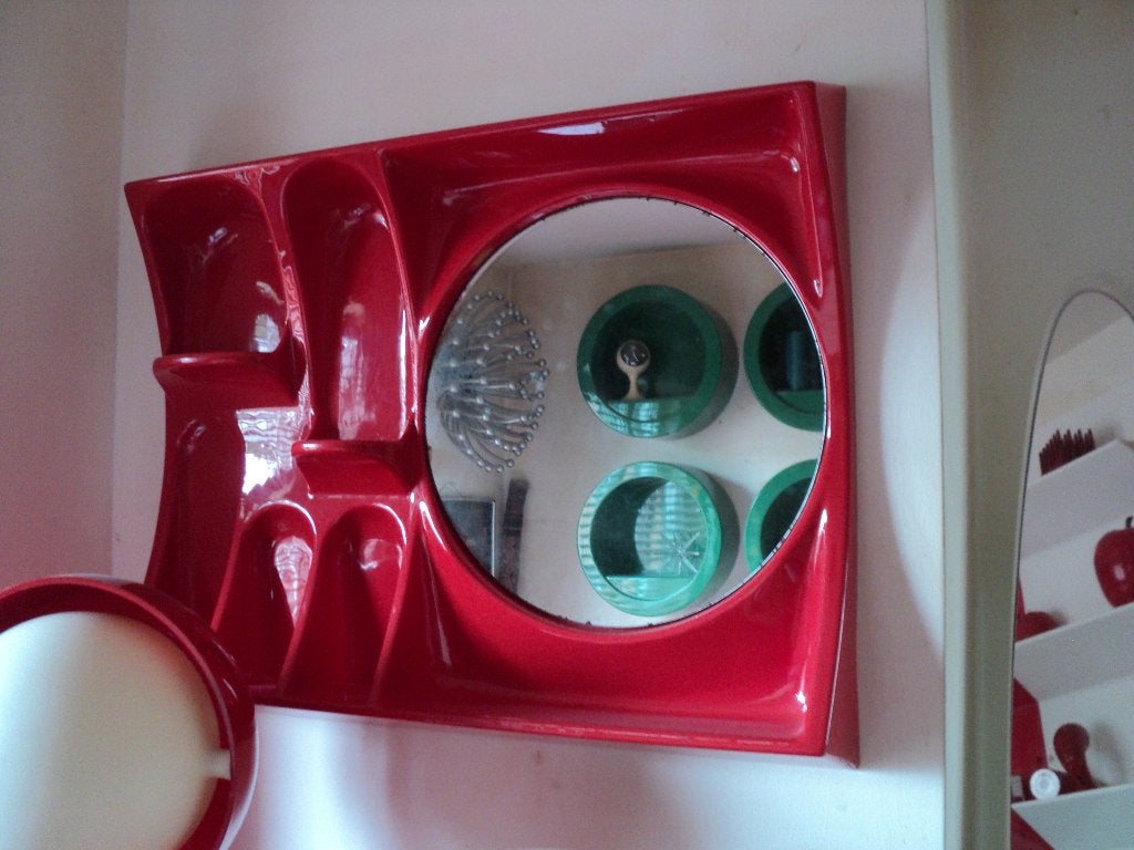 rood kunststof wandrek met spiegel jaren 70 design retro, Gebruikt, ?, Minder dan 100 cm, Rechthoekig