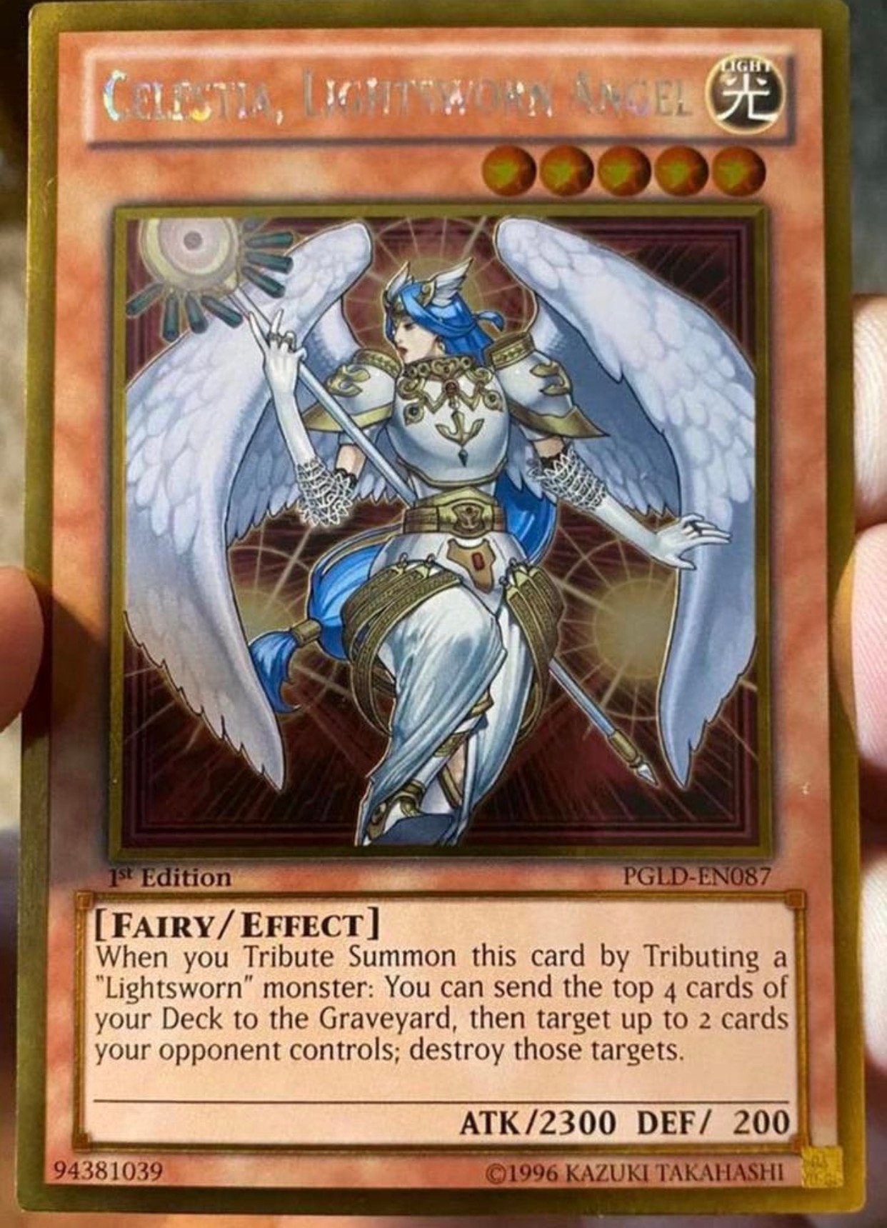 Yu-Gi-Oh! Celestia, Lightsworn Angel PGLD 1st Edition !, Ophalen of Verzenden, Zo goed als nieuw, Losse kaart, Foil