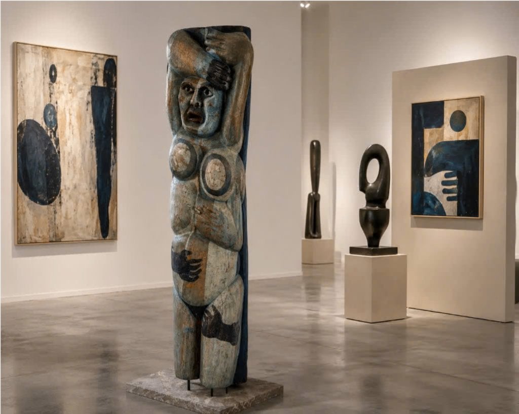 Expressionistische Brutalistische sculptuur vrouw totem, Ophalen, Blauw, Beeld, Hout