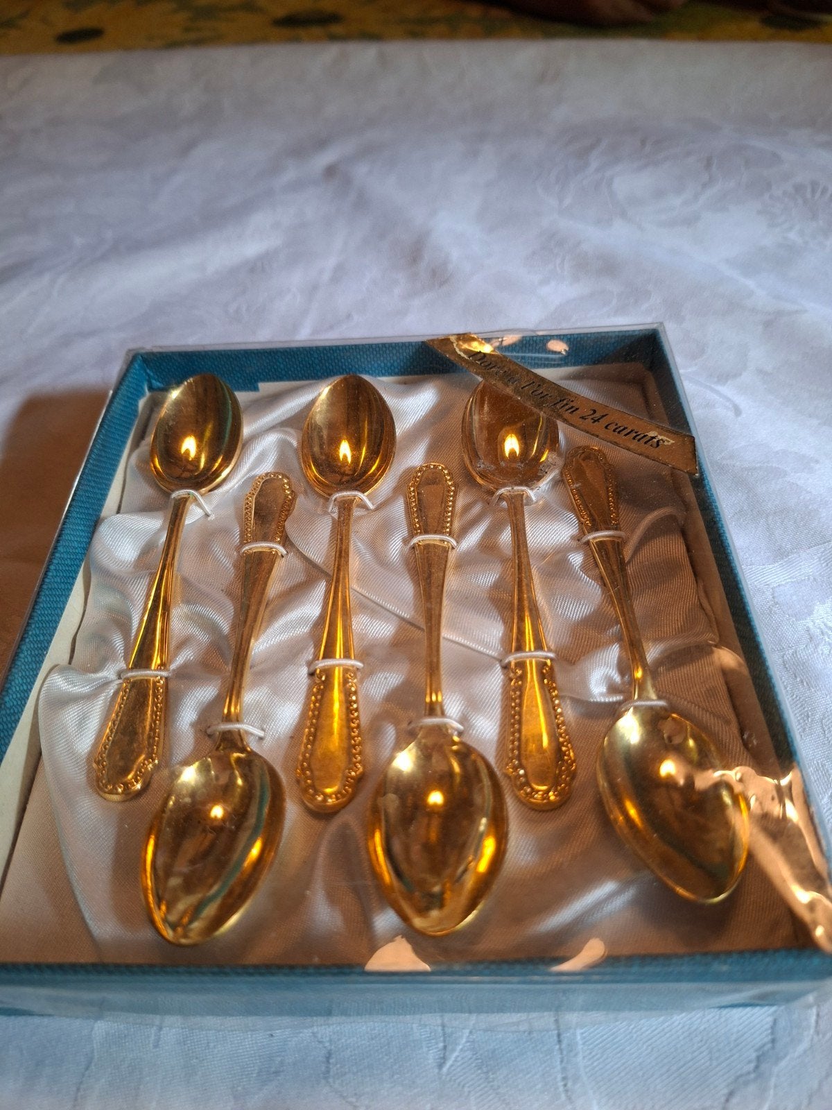6 gouden vintage theelepeltjes in doos, Verzenden
