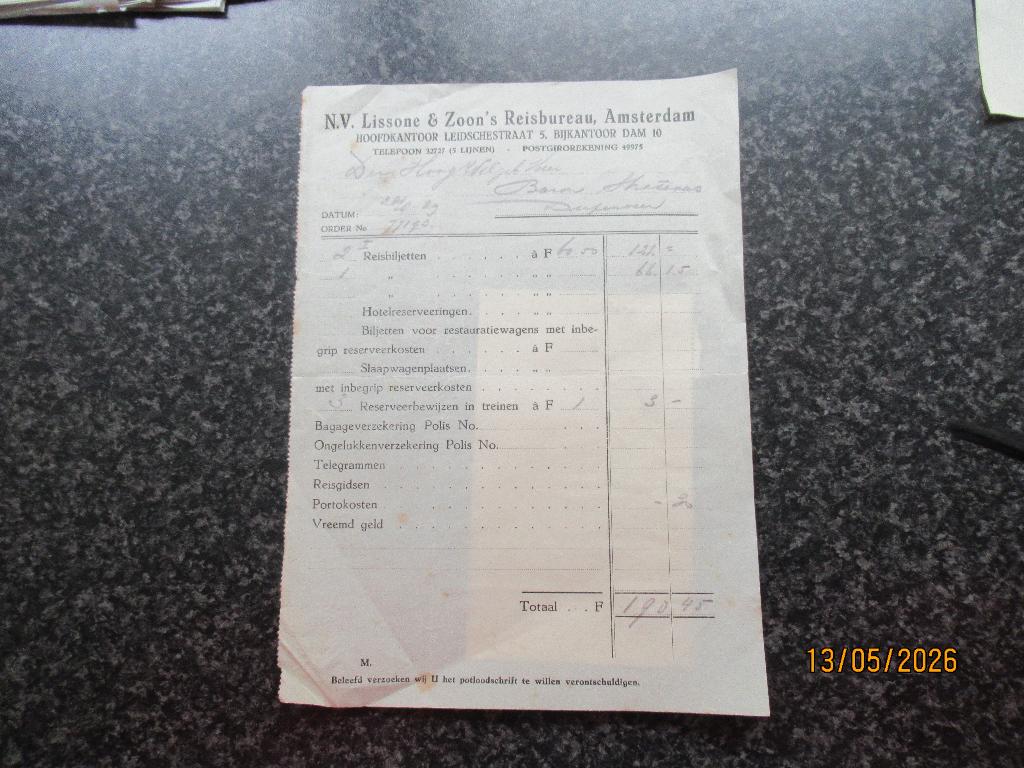 FACTUUR- LISSONE REISBUREAU AMSTERDAM- TREINKAARTEN E.D.1929, Ophalen of Verzenden, Gebruikt, Trein, Overige typen