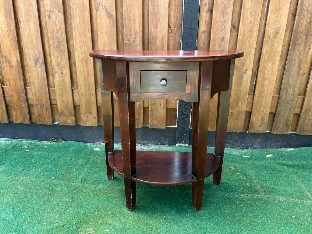 Halfronde sidetable met lade - Donkerbruin hout, Huis en Inrichting, Tafels | Sidetables, Ophalen, Gebruikt, Minder dan 50 cm