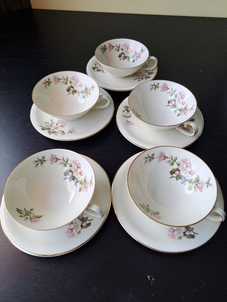 Appelbloesemmotief 5  theekopjes met schotels, Overige materialen, Overige typen, Ophalen of Verzenden, Zo goed als nieuw