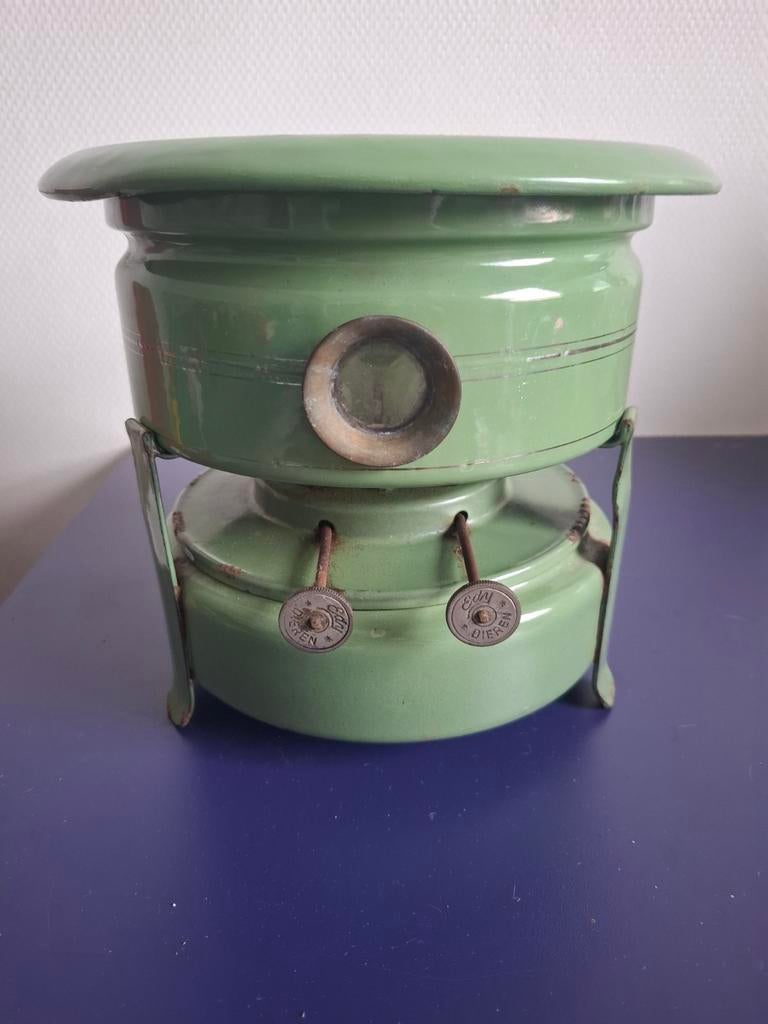 Vintage petroleum kooktoestel, groen emaille, Ophalen