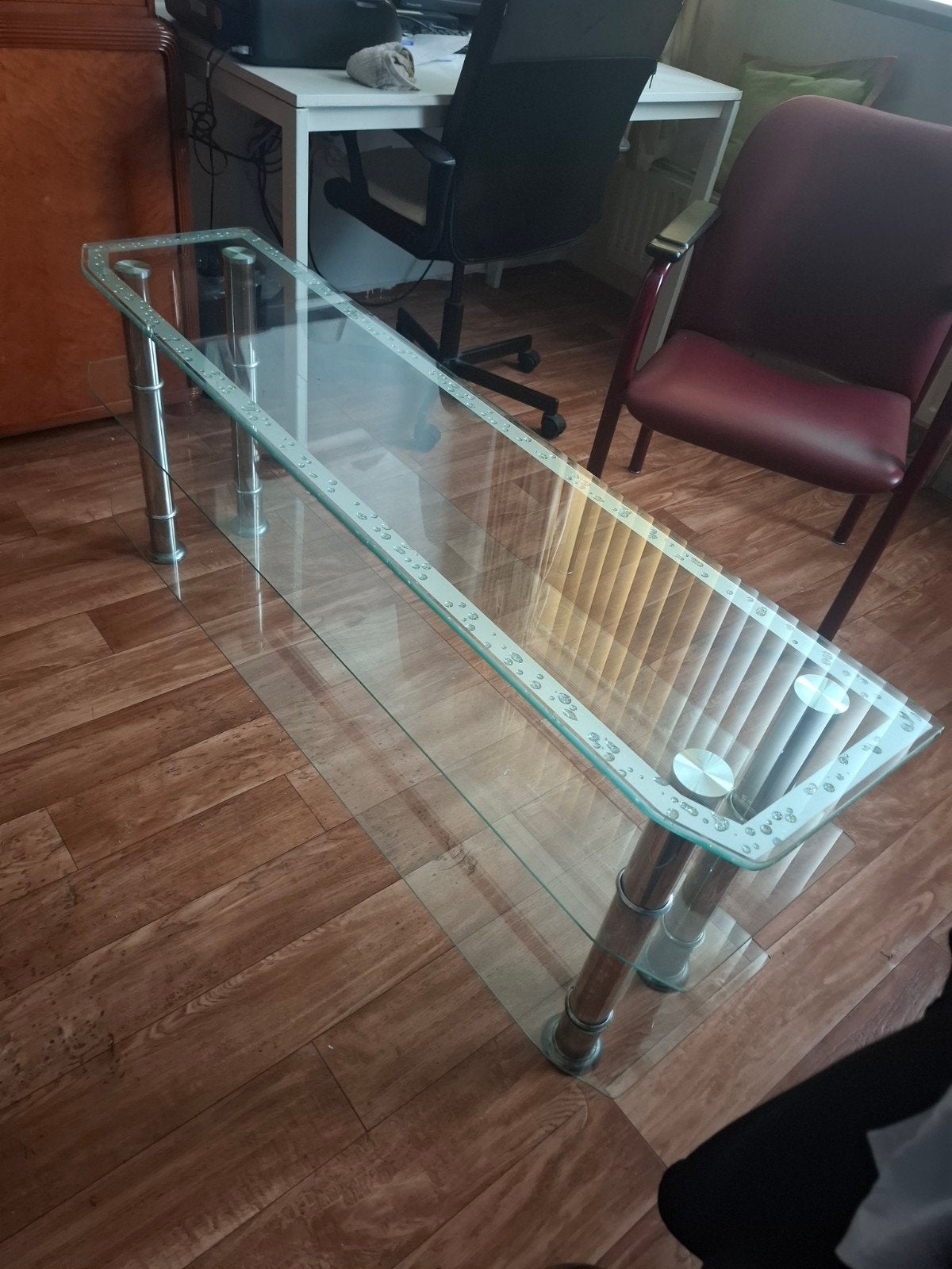 Glazen Salontafel met Metalen Poten, Ophalen, 50 – 75, Gebruikt, 100 tot 150 cm