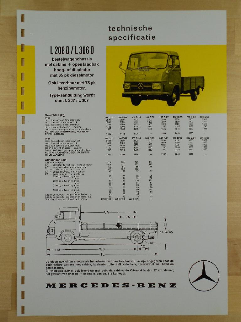Mercedes 206 306 207 307 Technische Specificatie folder 1973, Zo goed als nieuw, Mercedes-Benz, Mercedes, Ophalen of Verzenden